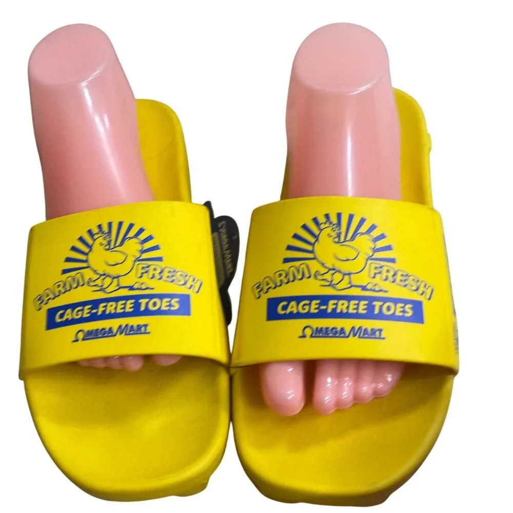 Meow Wolf Omega‎ Mart Cage-Free Toes Yellow Egg Carton Slides Men 10.5 women 12